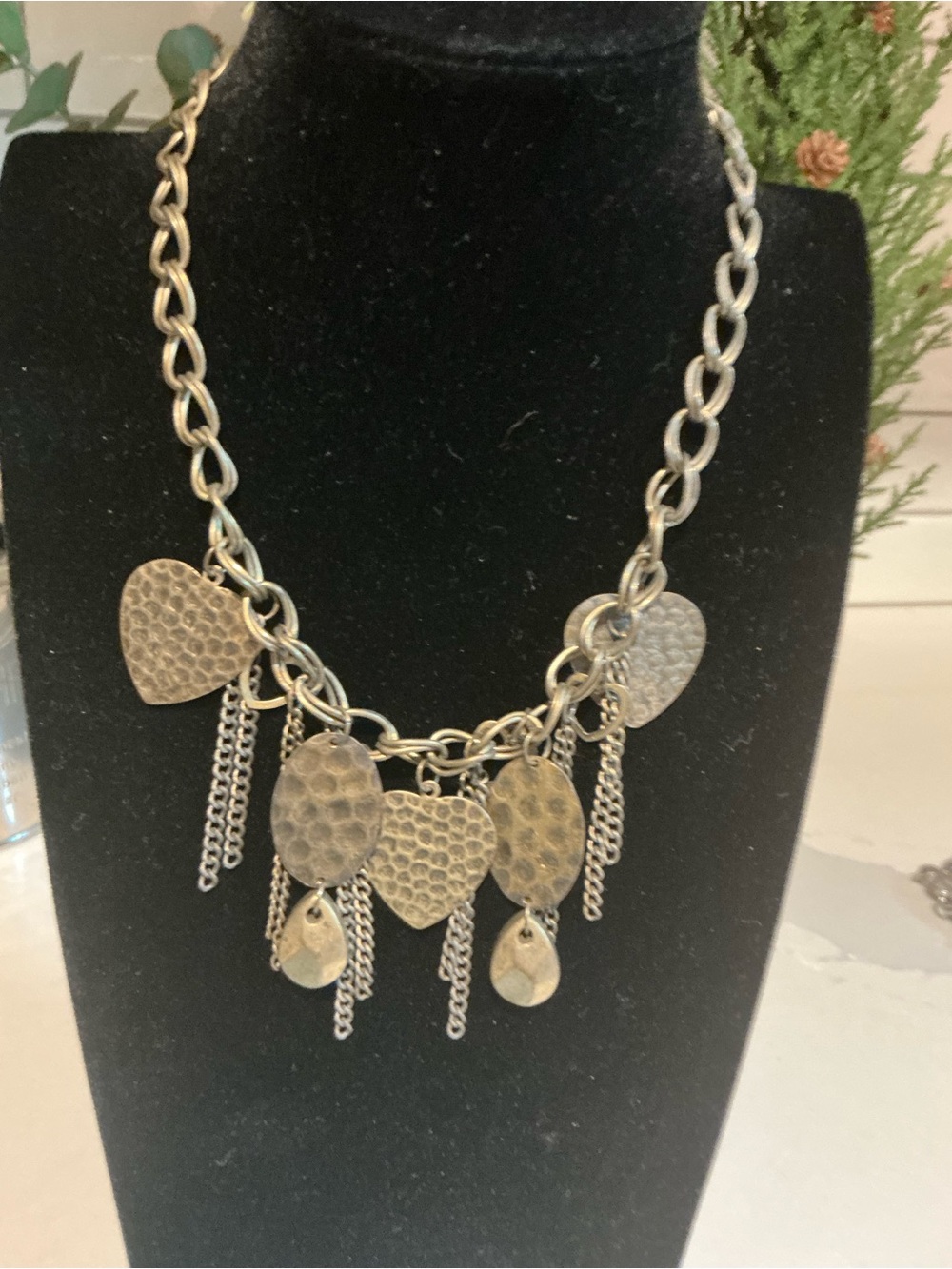 Hammered Heart and Teardrop Fringe Necklace in Aged Gold